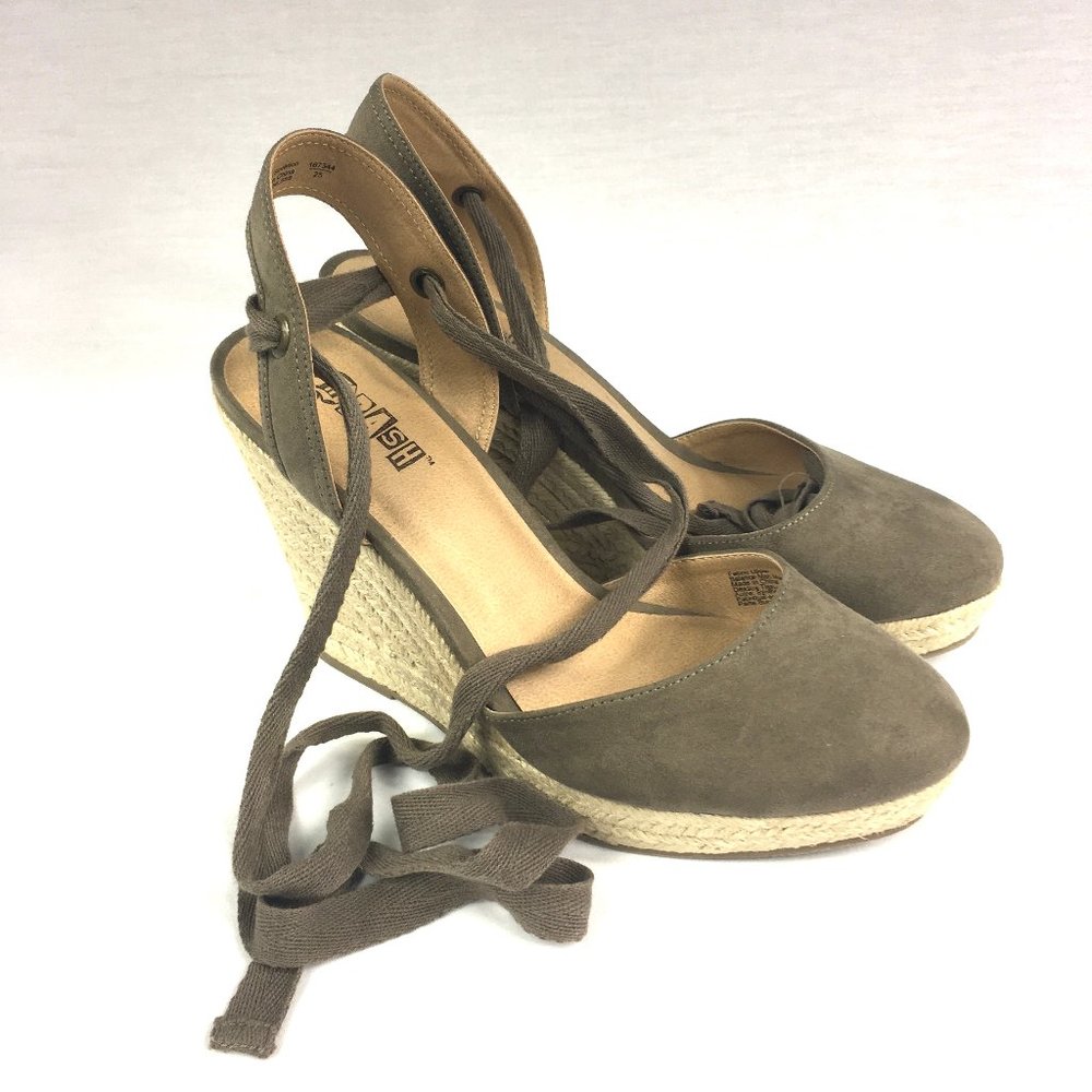 Brash Tan Lace up Suede Wedge Sandals.